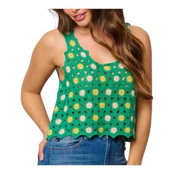 New in NWT Floral Crochet Lace Cropped Tank Top Kelley Green Size S/M - Picture 1 of 15